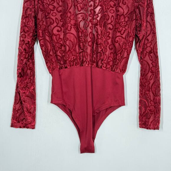 Velvet Burnout Bodysuit M Red Floral Lace Plunge V-Neck Long Sleeve Whimsygoth - Picture 6 of 9